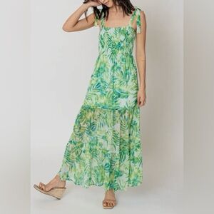 En Crème Tropical Print Smocked Maxi Dress